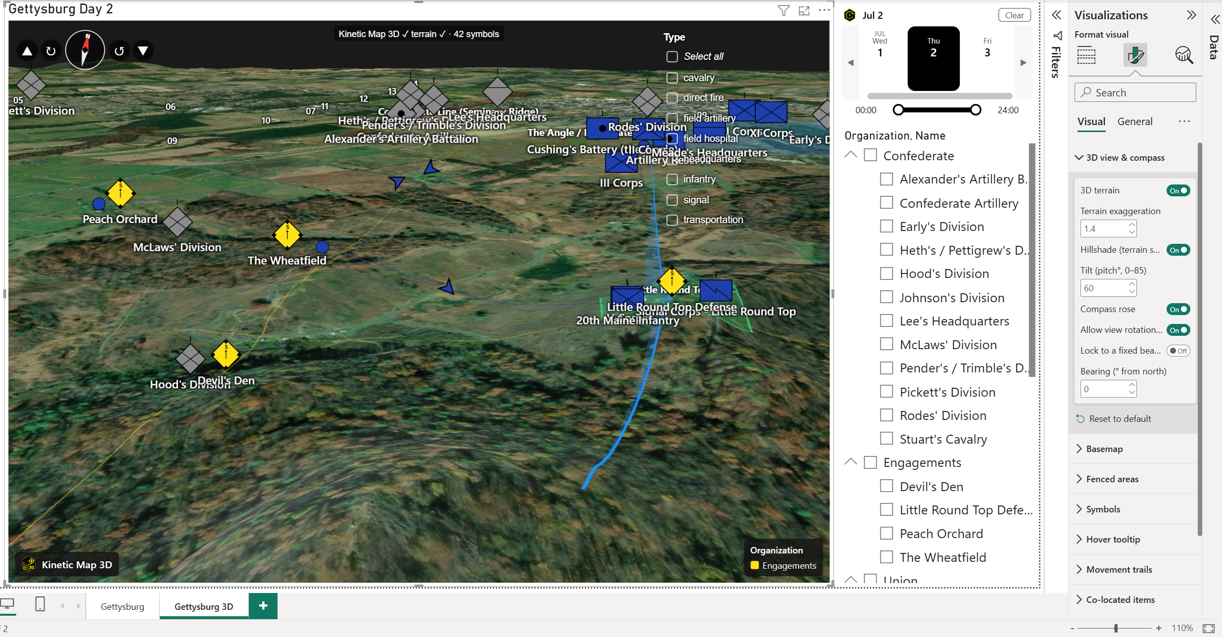 Kinetic Map 3D showing the Battle of Gettysburg Day 2 on a 3D terrain globe